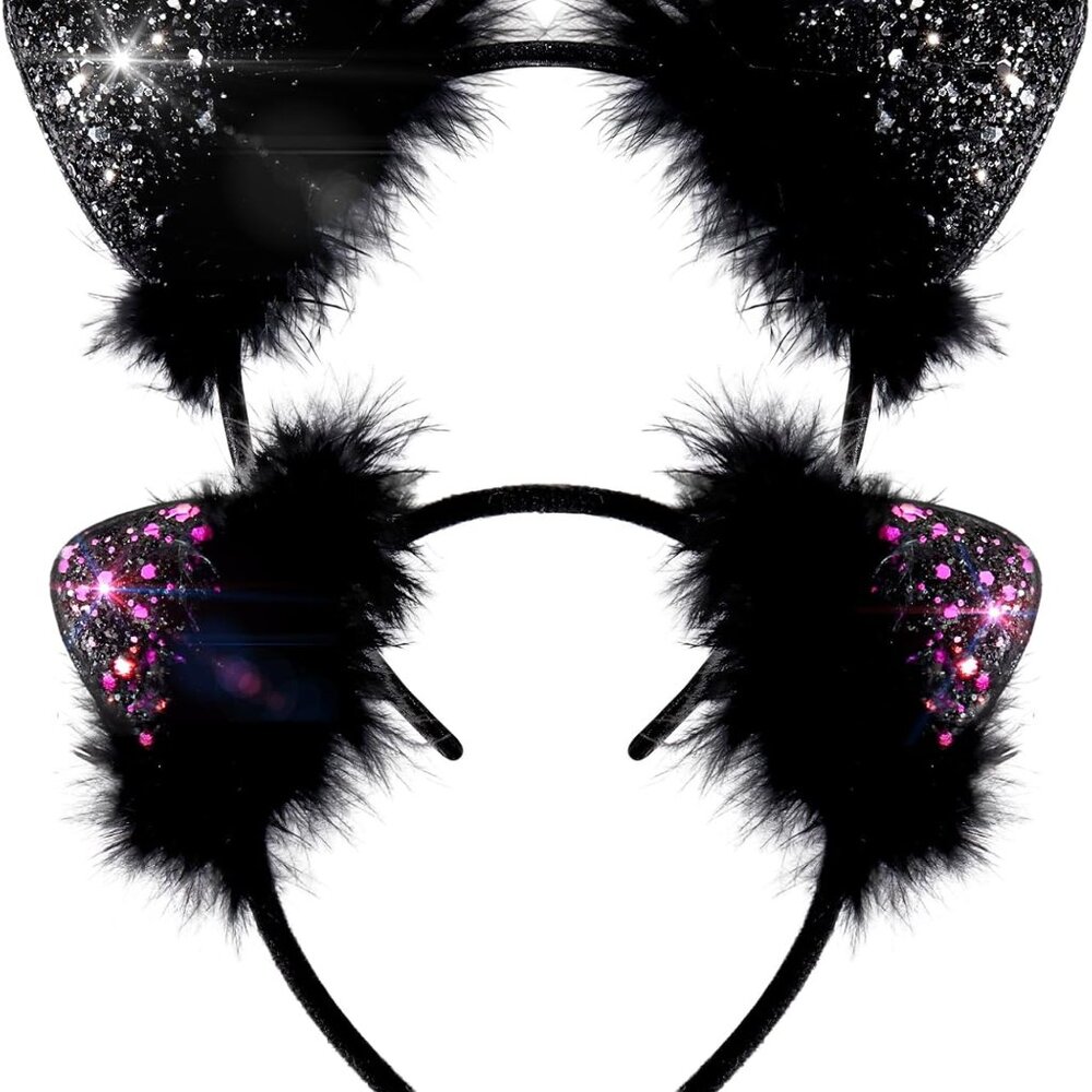 2 Pcs Cat Ears Headbands for Women Sequin Cat Ears Headbands Black Fur Headband